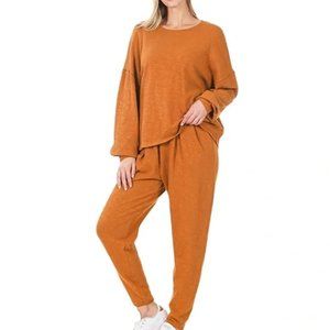 Women's Zenana Cotton Drop Shoulder Top Lounge Set in Autumn Orange